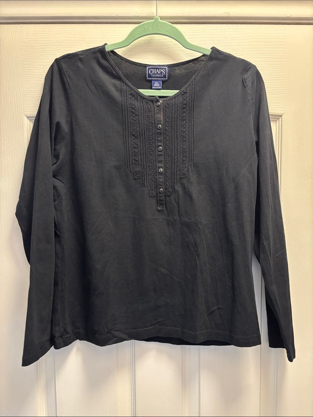 Chaps Black Long-Sleeve Pintuck Henley Top